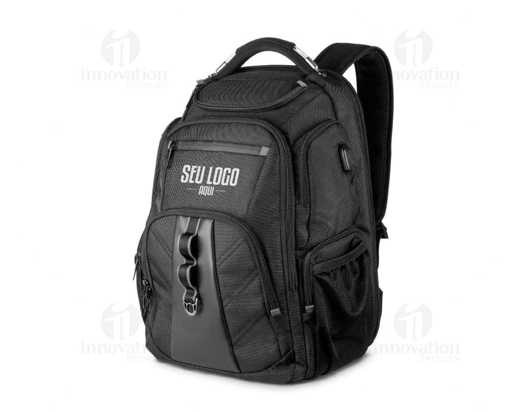 Premium black backpack with USB and headphone outlet, ideal for transporting equipment and electronic devices. Perfect for