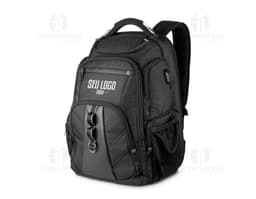 Premium black backpack with USB and headphone outlet, ideal for transporting equipment and electronic devices. Perfect for