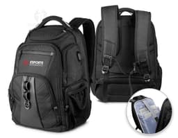 Premium black backpack with USB and headphone outlet, ideal for transporting equipment and electronic devices. Perfect for