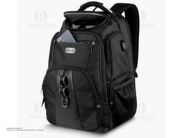 Premium black backpack with USB and headphone outlet, ideal for transporting equipment and electronic devices. Perfect for