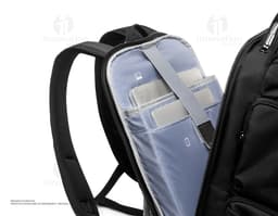 Premium black backpack with USB and headphone outlet, ideal for transporting equipment and electronic devices. Perfect for
