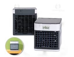 Mini Climatizador de Ar Portátil em metal prateado e preto, design moderno com painel solar, mecanismo de resfriamento e