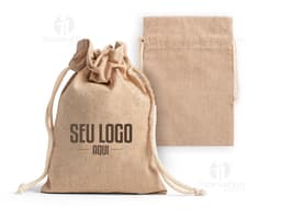 Saquinho de algodão vintage em tecido marrom texturizado com fechamento de cordão de algodão.textContent