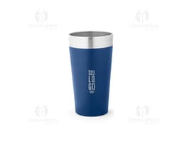 3D metal container, shiny 540 mL thermal cup in silver and yellow, empty content, a design and care object for liquid
