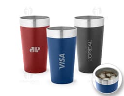 3D metal container, shiny 540 mL thermal cup in silver and yellow, empty content, a design and care object for liquid