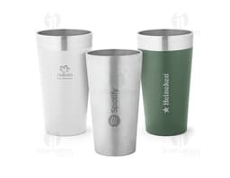 3D metal container, shiny 540 mL thermal cup in silver and yellow, empty content, a design and care object for liquid