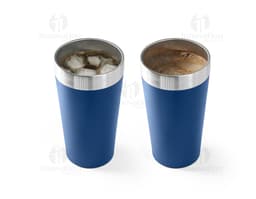 3D metal container, shiny 540 mL thermal cup in silver and yellow, empty content, a design and care object for liquid