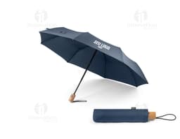 Guarda-chuva rPET pongee com pega, apresentado em uma caixa de presente colorida com laço. O guarda-chuva é brilhante e
