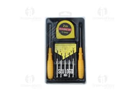 Kit de herramientas de 8 piezas en metal y plástico, incluyendo destornillador, cinta métrica, alicate y otros equipos de
