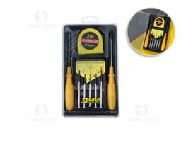 Kit de herramientas de 8 piezas en metal y plástico, incluyendo destornillador, cinta métrica, alicate y otros equipos de