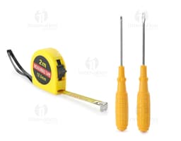Kit de herramientas de 8 piezas en metal y plástico, incluyendo destornillador, cinta métrica, alicate y otros equipos de