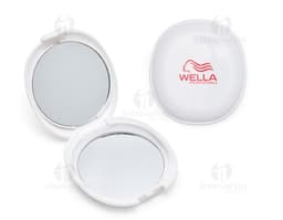 Espelho duplo sem aumento plástico em forma de círculo, vazio e brilhante. Utensílio de cozinha de metal, com design de