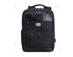Mochila de poliéster preta de 29 litros, com fecho de zíper, alça de couro, bolso de metal, design moderno e elegante.