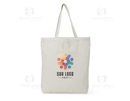 Sacola de algodão marrom com alças costuradas, objeto elegante e moderno para compras, presente ou transporte de objetos