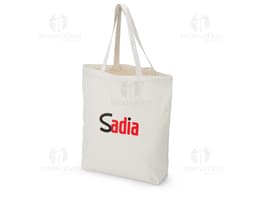Sacola de algodão marrom com alças costuradas, objeto elegante e moderno para compras, presente ou transporte de objetos
