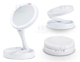 Espelho dobrável com LED recarregável para aprimorar sua rotina de beleza! Perfeito para detalhes e maquiagem impecável.