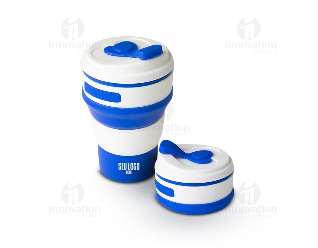 Copo retrátil de silicone de 350ml em um conjunto de objetos metálicos e plásticos, incluindo latas, garrafas, barris e