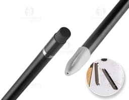 Caneta sem tinta em alumínio sobre papel branco, utilizada como ponteiro e indicador em ambientes de negócios e escritórios.