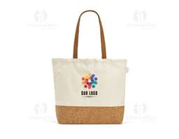 Sacola de compras em rattan e burlap marrom, com alça de couro, vazia e aberta. O design inclui um fecho de zíper, etiqueta