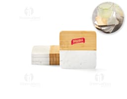 Set of 4 coasters packed in a brown cardboard box. The package is open, showing the empty coasters. Shipping packaging with