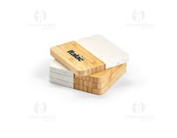 Set of 4 coasters packed in a brown cardboard box. The package is open, showing the empty coasters. Shipping packaging with