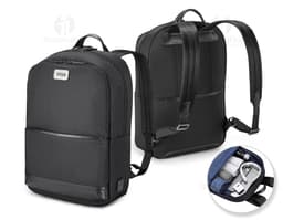Mochila para Notebook Premium preta, moderna e profissional, feita de couro e metal, com alça retrô e fecho de botão.