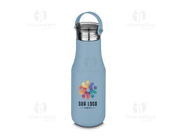 Garrafa térmica de 500ml, feita de plástico transparente e possui tampa. Ideal para manter líquidos frescos ou quentes por