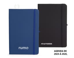Planner Emborrachado Anual em design moderno e 3D, com espaço para armazenamento de dados digitais em notebook e videodisk.