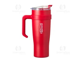1.2-liter thermal mug in black, made of stainless steel, with a screw-on lid and a handle for easy grip.