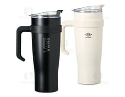 1.2-liter thermal mug in black, made of stainless steel, with a screw-on lid and a handle for easy grip.
