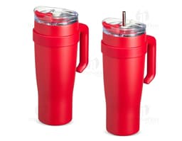 1.2-liter thermal mug in black, made of stainless steel, with a screw-on lid and a handle for easy grip.