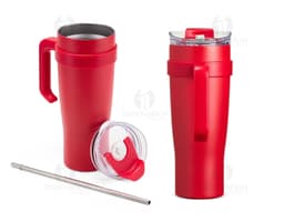 1.2-liter thermal mug in black, made of stainless steel, with a screw-on lid and a handle for easy grip.