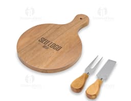 Kit queijo de 3 peças em aço inoxidável e madeira, contendo faca, garfo e espátula. Ideal para servir queijos de forma
