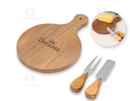 Kit queijo de 3 peças em aço inoxidável e madeira, contendo faca, garfo e espátula. Ideal para servir queijos de forma