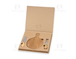 Kit queijo de 3 peças em aço inoxidável e madeira, contendo faca, garfo e espátula. Ideal para servir queijos de forma