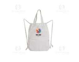 Black cotton drawstring backpack for women, with leather straps and zipper. Elegant and casual design, ideal for carrying