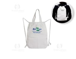 Black cotton drawstring backpack for women, with leather straps and zipper. Elegant and casual design, ideal for carrying