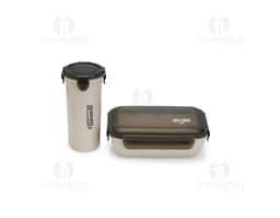 Kit Vaso y Tupperware de Fibra de Bambú en tonos de negro y plata. Hecho de material de fibra de bambú, moderno y ecológico.