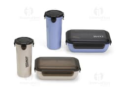 Kit Vaso y Tupperware de Fibra de Bambú en tonos de negro y plata. Hecho de material de fibra de bambú, moderno y ecológico.