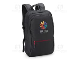 Smiling and successful businessman in a black suit, holding a 25L nylon backpack. The man is standing, looking confident and