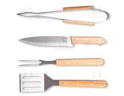 BBQ set 4 pieces made of stainless steel, consisting of knife, fork, tongs, and spatula, isolated on a white background.