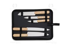 5-piece stainless steel BBQ tool set, including tools and accessories such as knife, fork, tongs, skewer, and cleaning brush.