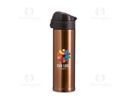 Garrafa térmica com capacidade de 480ml, na cor prata e com tampa em rosca.