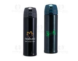 Garrafa térmica com capacidade de 480ml, na cor prata e com tampa em rosca.