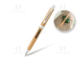 Bamboo pen with clip and twist mechanism.