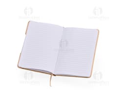 Notebook with phone holder in pink with an elastic to secure the phone on the front cover.