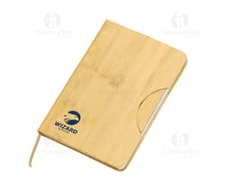 Notebook with phone holder in pink with an elastic to secure the phone on the front cover.
