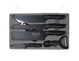 Product BBQ Set 6 Pieces including knife, fork, spatula, tongs, brush, and knife sharpener on a white background.