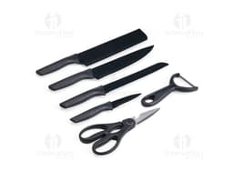 Product BBQ Set 6 Pieces including knife, fork, spatula, tongs, brush, and knife sharpener on a white background.