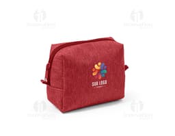 Black cosmetic bag with zipper and short handle, containing organized makeup brushes and lipsticks inside.